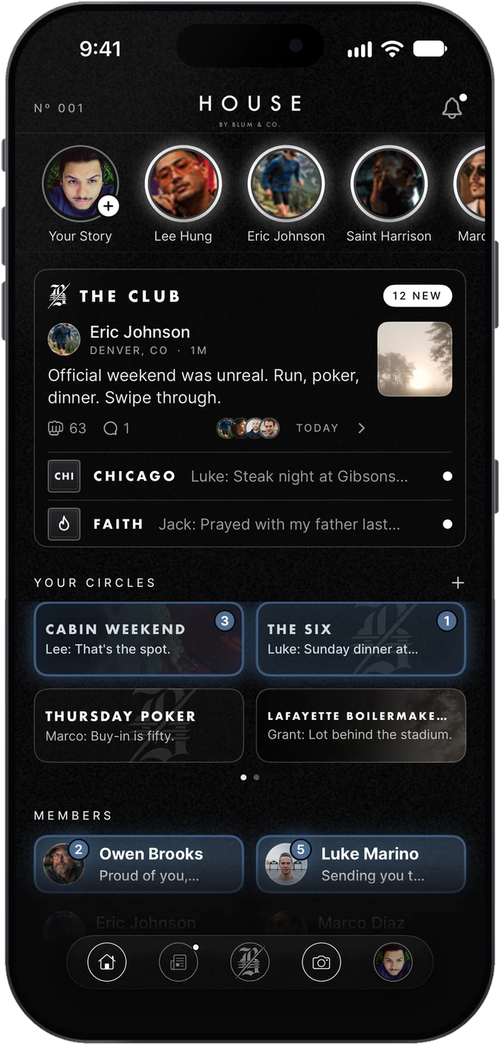 The Men's Club home screen in black: stories, The Club, circles and members.